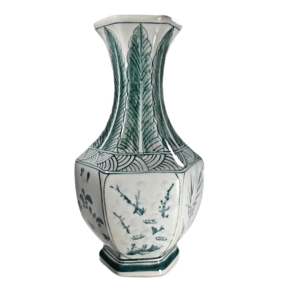 Vtg Hand Painted Hexagon Vase Art Deco Thailand Green Leaf Ceramic 6 inch